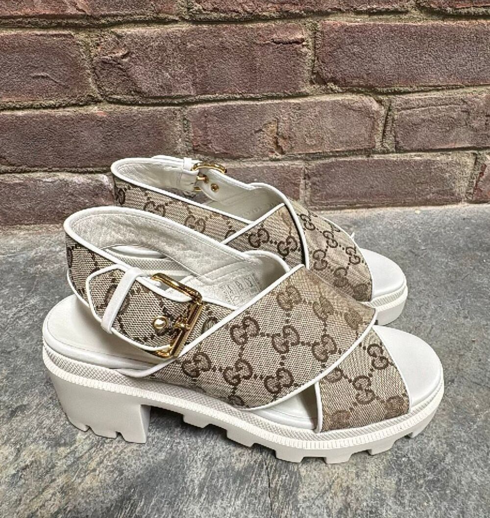 Gucci Beige GG Supreme Canvas Granada Trip Lug Sole Platform Sandals Size 37.5 U